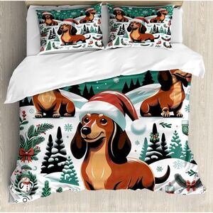 Premium Queen Duvet & Shams Set Dachshund Dog Santa Hat NIB Holiday Scene